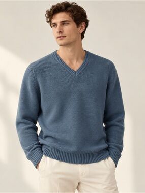 Malo Firenze 100% Cashmere V-Neck Sweater Men’s Size 52 Blue Made in Italy